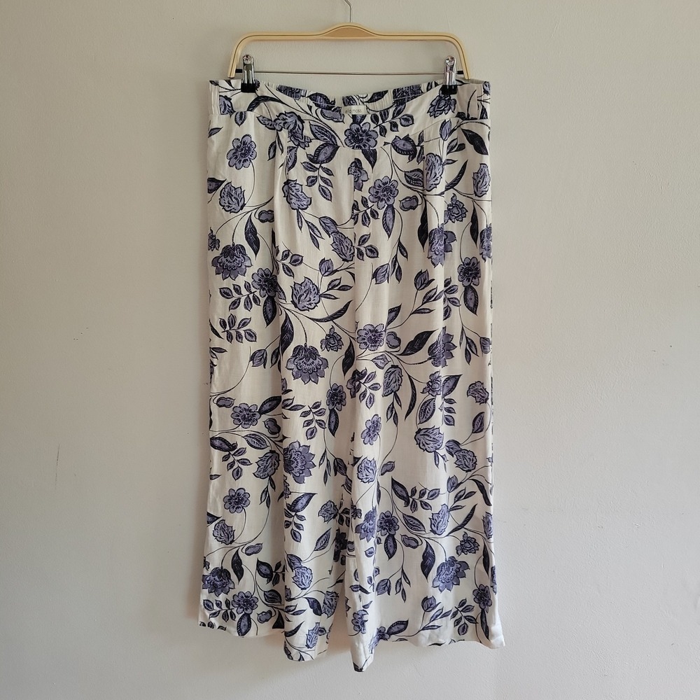 Ella Moss Linen Blend Wide Leg Pants XL Floral Pull On Boho Casual Coastal